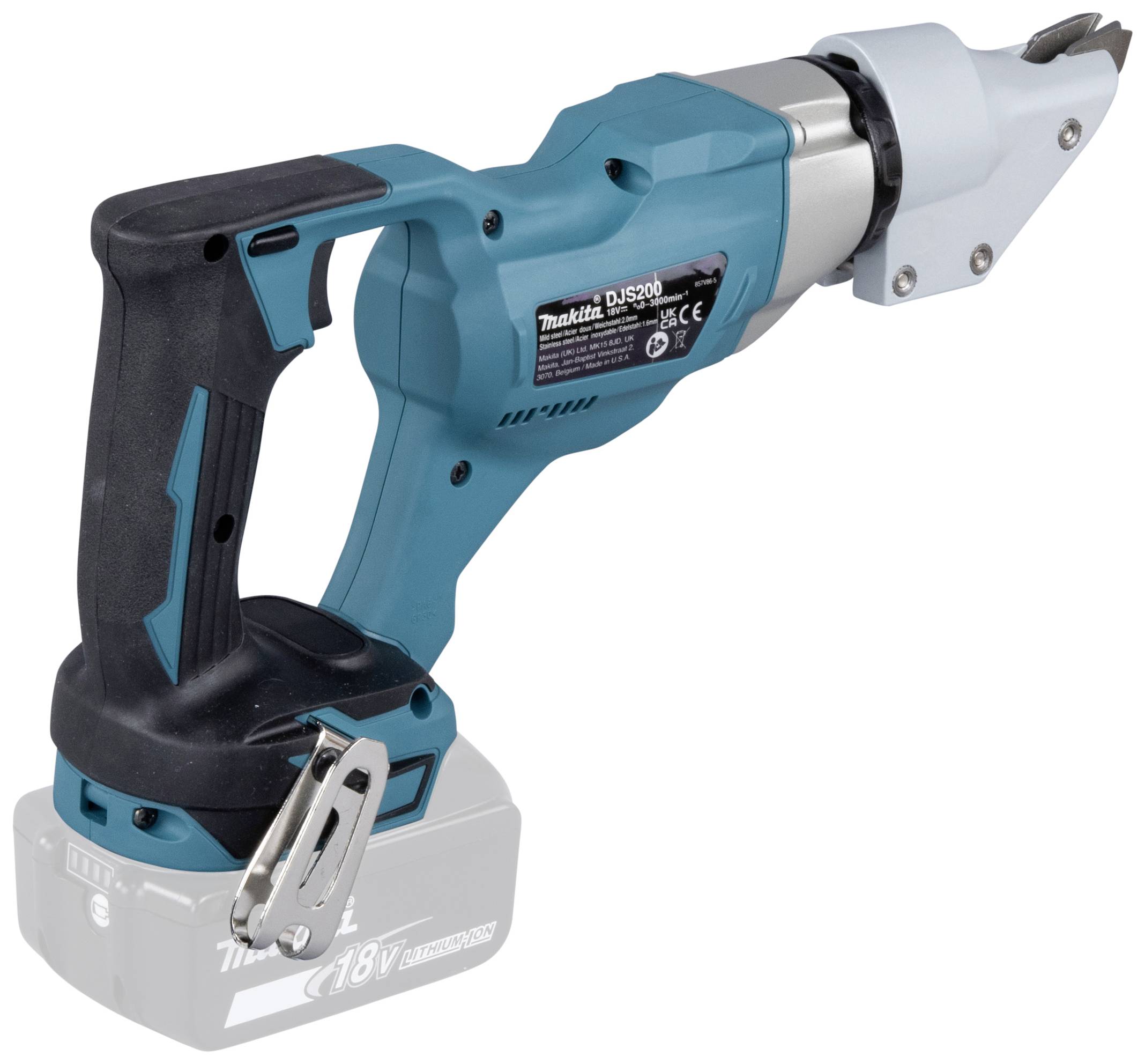 Bezdrátový elektrický nástroj v modré a černé barvě pro řezání materiálů, s ergonomickou rukojetí a vyměnitelnou baterií.