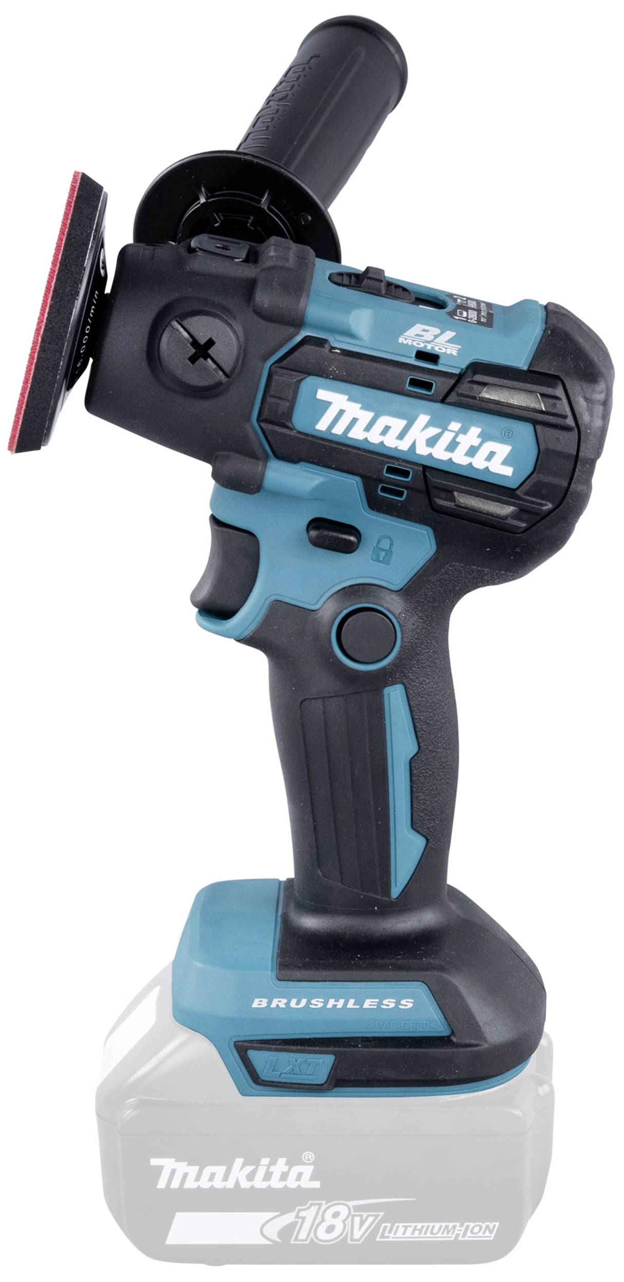 Akumulátorová bruska Makita s modro-černým designem a ergonomickou rukojetí, vhodná pro všestranné brousicí práce.