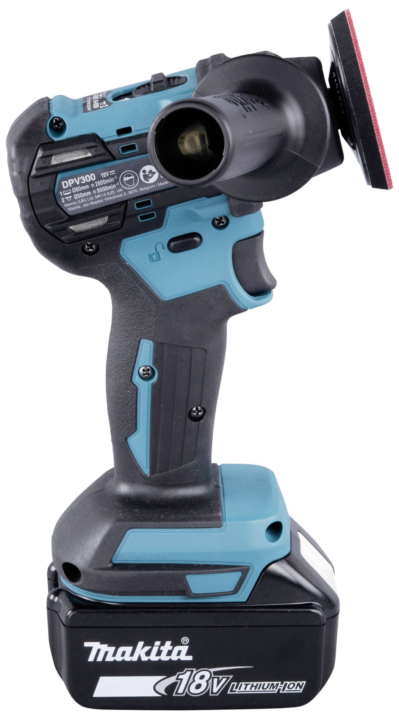Bezdrátová ruční leštička 18V s ergonomickou rukojetí a nasazeným lešticím kotoučem, vhodná pro všestranné lešticí práce.