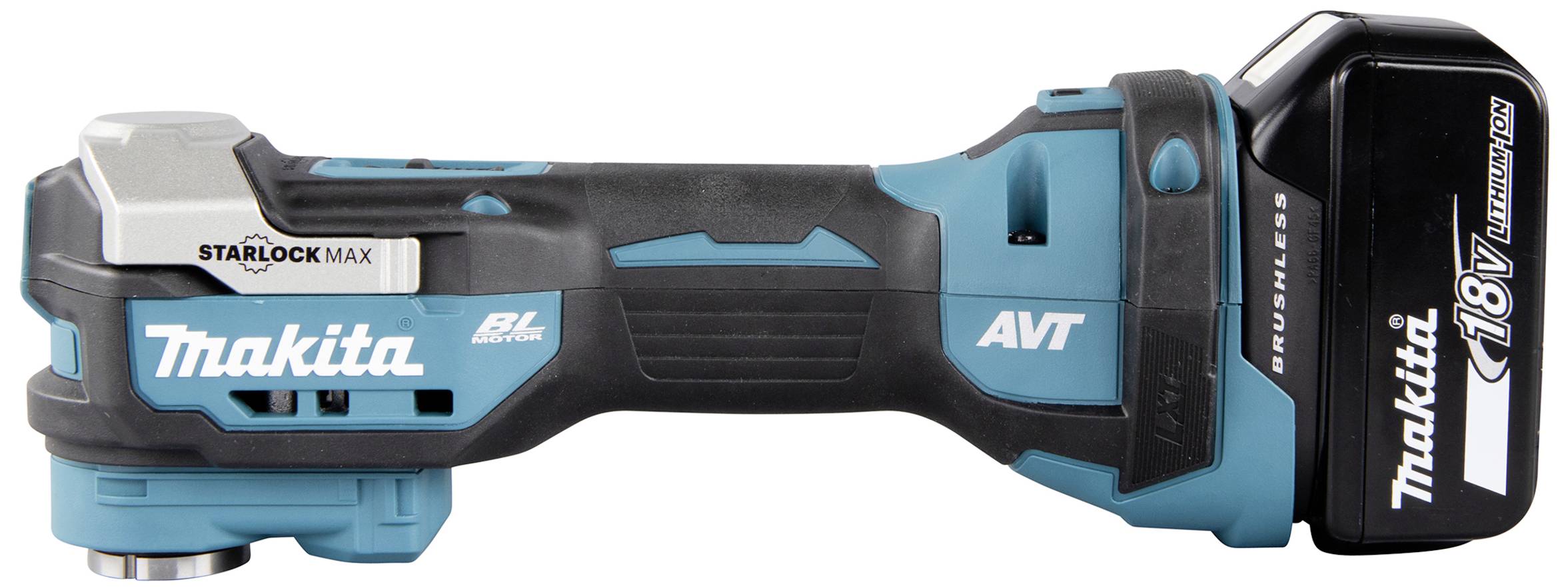 Modrý, bezdrátový akumulátorový stroj Makita s 18V lithium-iontovou baterií. Upevňovací systém 'Starlock Max'.