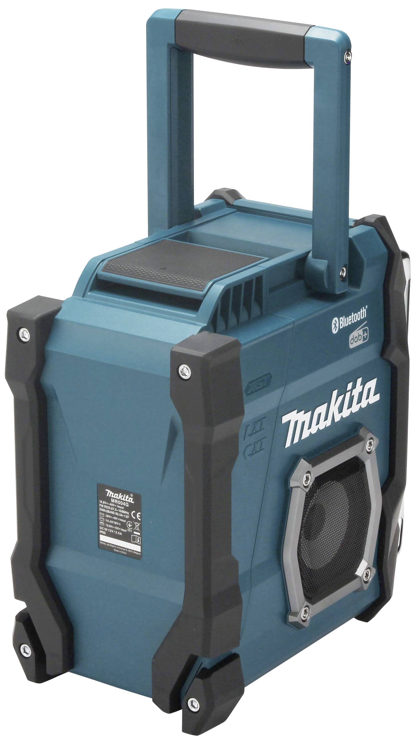 Modrý přenosný Bluetooth reproduktor s robustním tělem a výraznou kovovým úchytem.