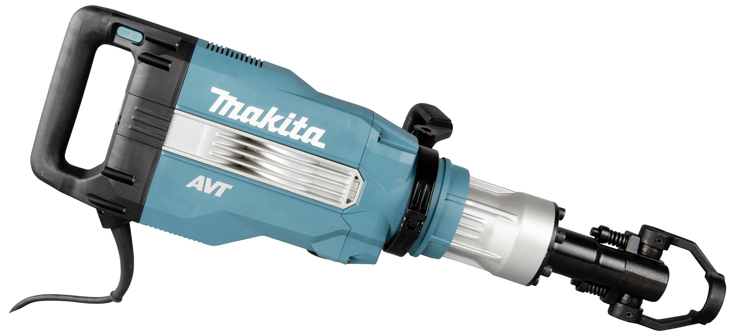 Elektrické nářadí, modrý Makita bourací kladivo s černou rukojetí, černým kabelem a stříbrnou hlavou, zobrazené z boku.