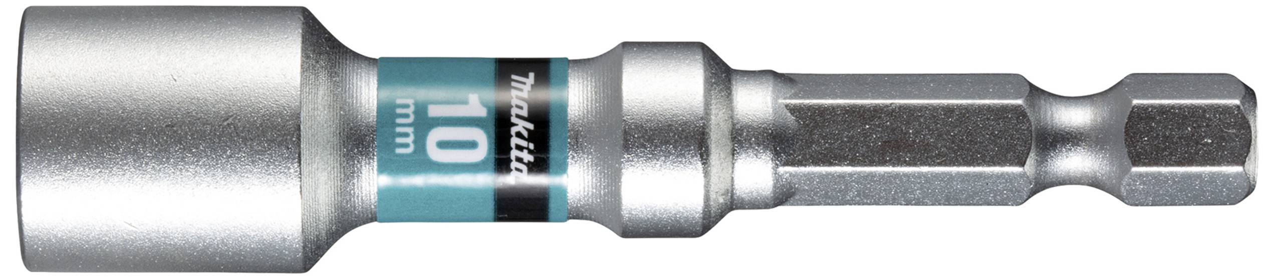 Stříbrný nástavec na ráčnu značky Makita, velikost 10 mm.
