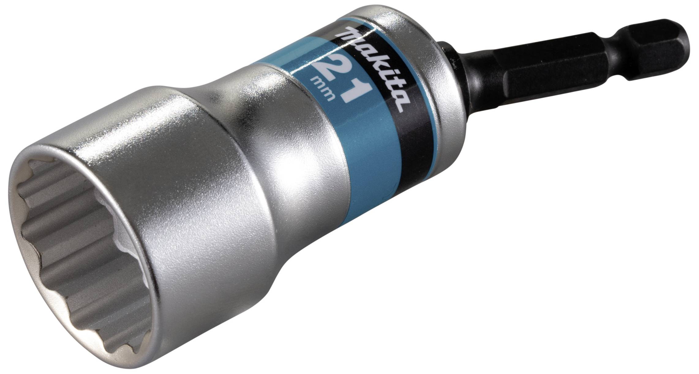 Stříbrný nástavec na klíč s nápisem 'Makita 21 mm', určený k použití se šroubovákem.