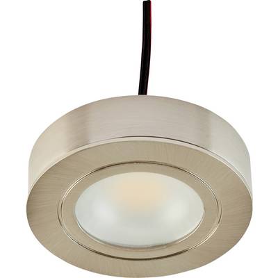 Kulatá zápustná stropní lampa s kartáčovaným kovem, matným středovým čočkou a viditelným cervenočerným vedením na bílém pozadí