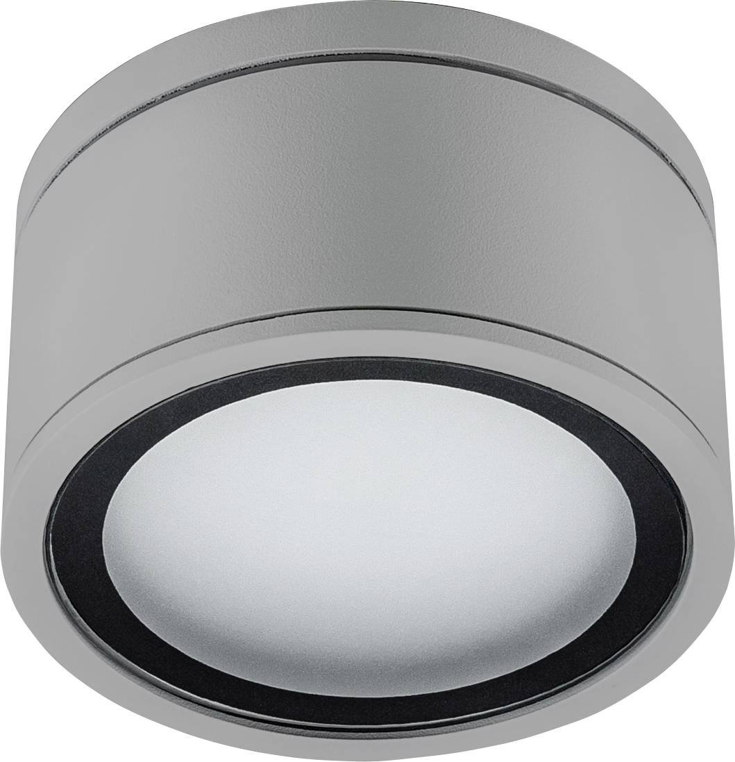 Šedé válcové stropní LED svítidlo s matnou kulatou čočkou.