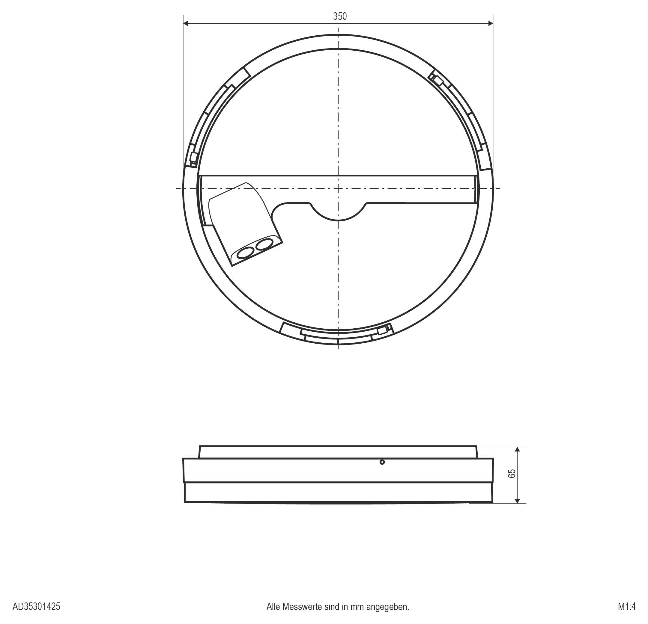 Technický výkres kruhového zařízení zobrazující vrchní a boční pohled s průměrem 350 mm a výškou 65 mm.