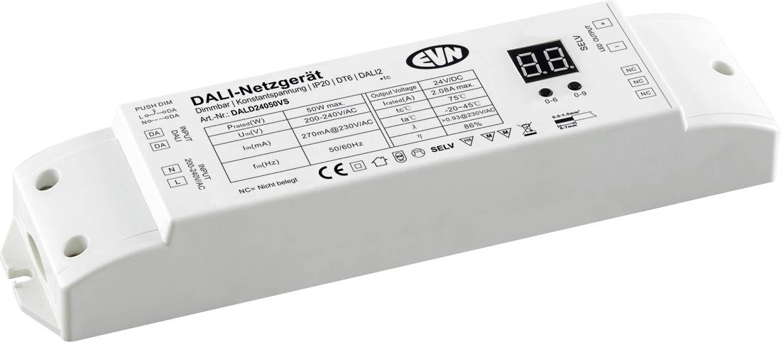 Bílý modul řízení sítě DALI s vytištěným štítkem, indikátory stavu a montážními otvory pro elektrickou instalaci.