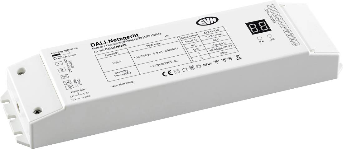 Bílý DALI LED zdroj napájení s vodiči v svorkovnici, štítkem se specifikací a malým digitálním displejem na pravém konci.