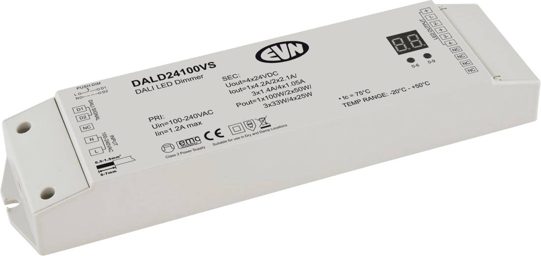 Bílý DALI LED ovladač EVN označený 'DALD24100VS' se specifikacemi a malým digitálním displejem na pravé straně.