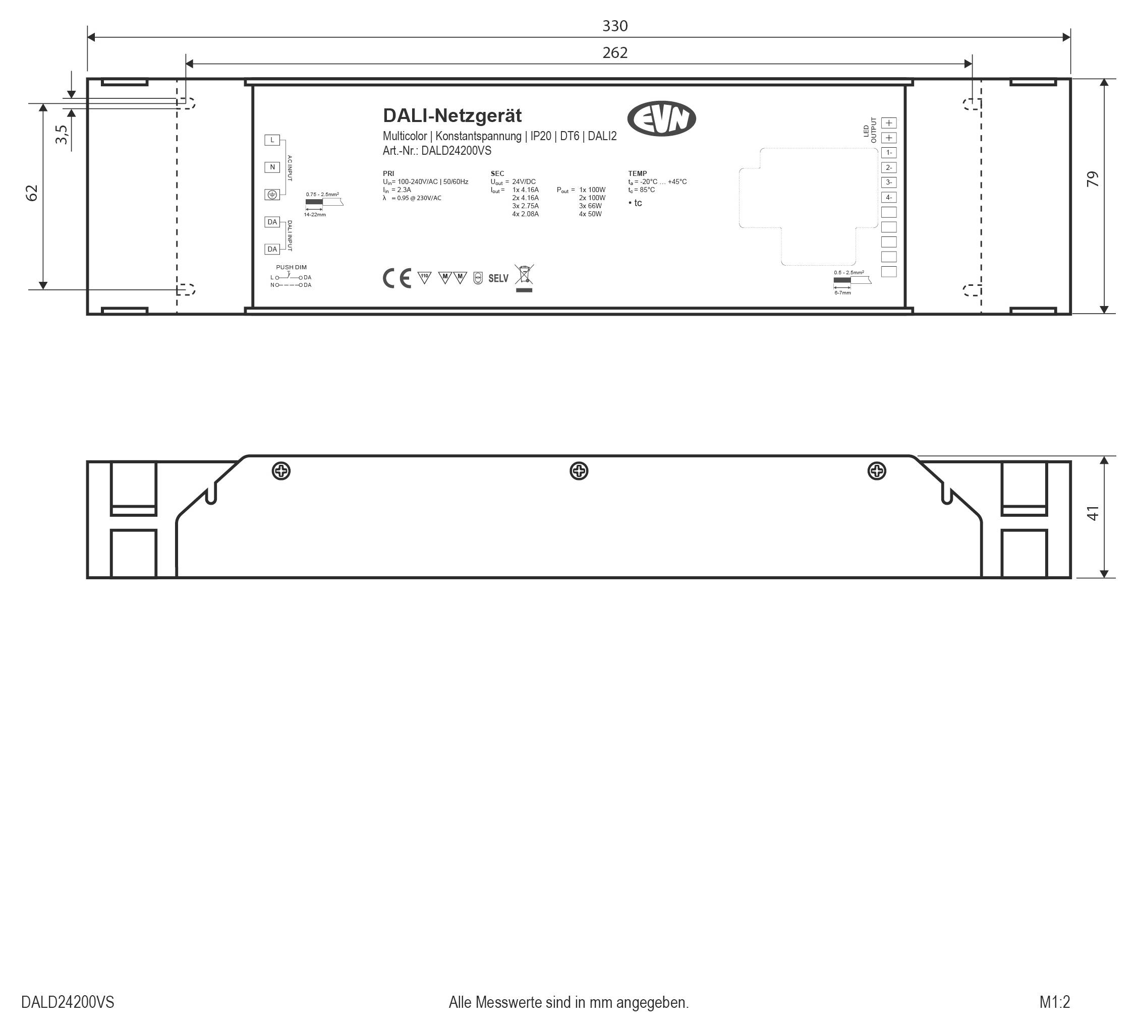 Technický výkres jednotky DALI zdroje napájení, ukazující přední a boční pohledy s celkovými rozměry 330 x 79 x 41 mm.