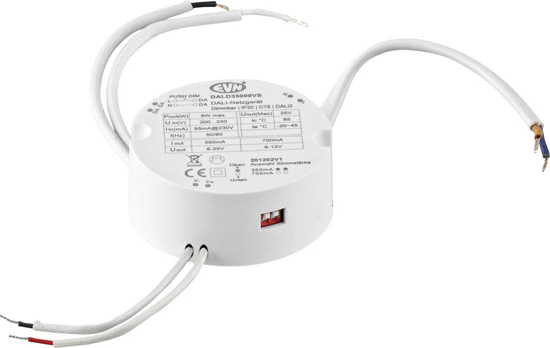 Bílý kulatý elektrikální kontrolní modul s několika připojenými vodiči a vytištěným štítkem se specifikací nahoře, zobrazený na jednoduchém pozadí.