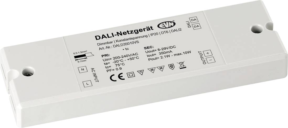 Bílý DALI síťový modulární prvek označený „DALI-Netzgerät" se specifikacemi vytištěnými na skříni, zobrazený v bílé kryt s montážními otvory.