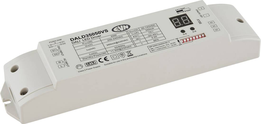 Modul řidiče bílé LED s digitálním displejem, model DALI D3505vs, zobrazený v pohledu produktu na bílém pozadí.
