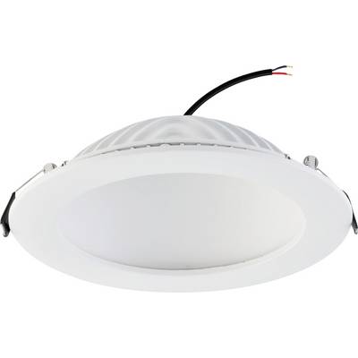 Kulatá bílá LED stropní svítidla se připojenými napájecími vodiči na jednoduchém pozadí.