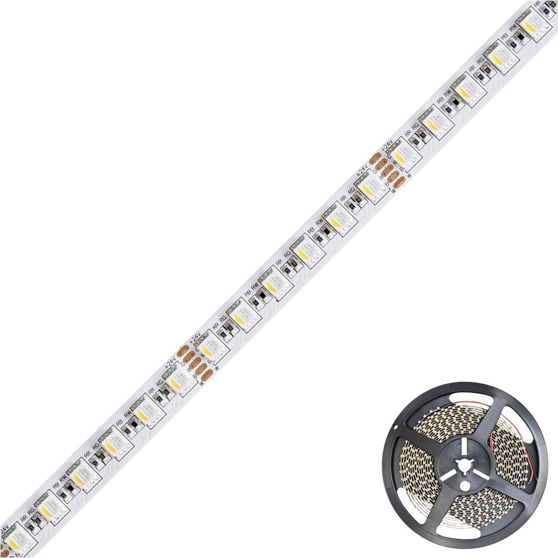 Bílý LED světelný pás na cívce s lepicí vrstvou a viditelnými konektorovými ploškami, zobrazen diagonálně na bílém pozadí.