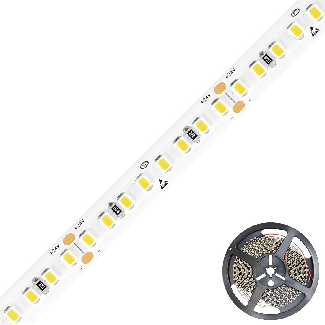 LED pásová svítidla v detailním záběru se žlutě svítícími diodami, vedle svinutá. Vhodné pro vnitřní osvětlení.