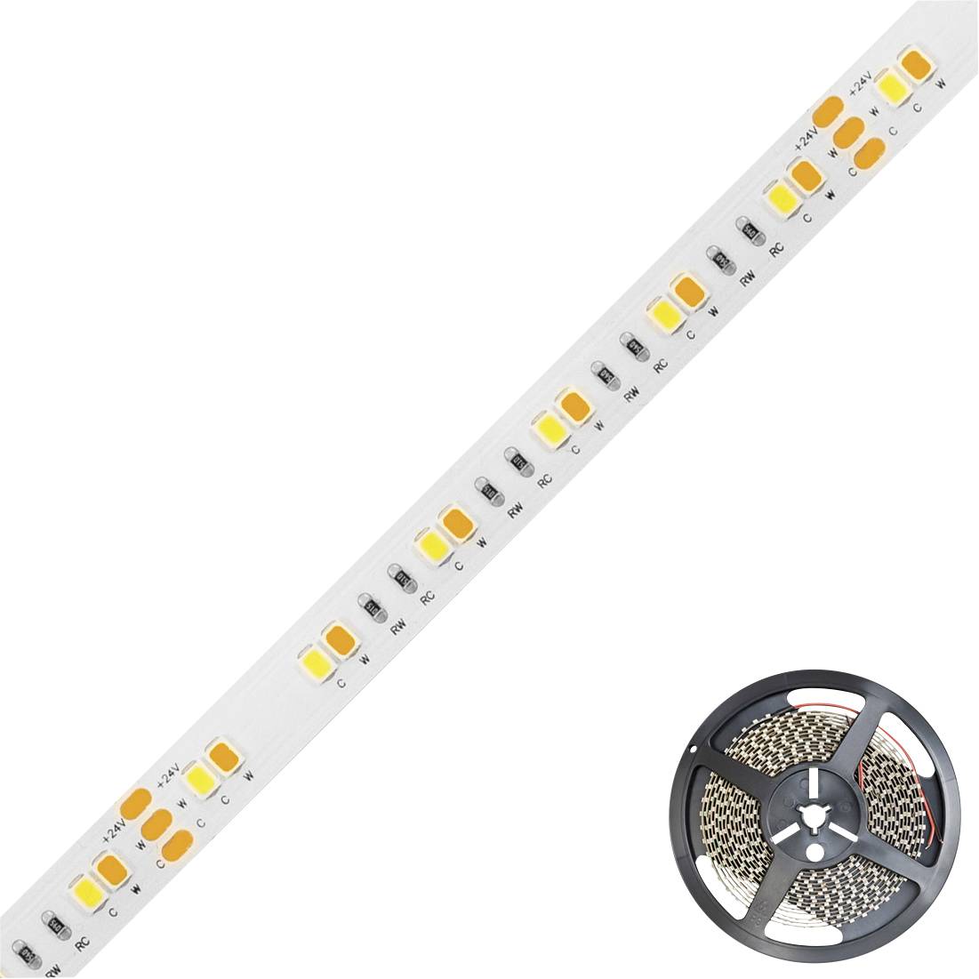 LED páska s teplými žlutými diodami na cívce, zobrazená diagonálně na bílém pozadí.