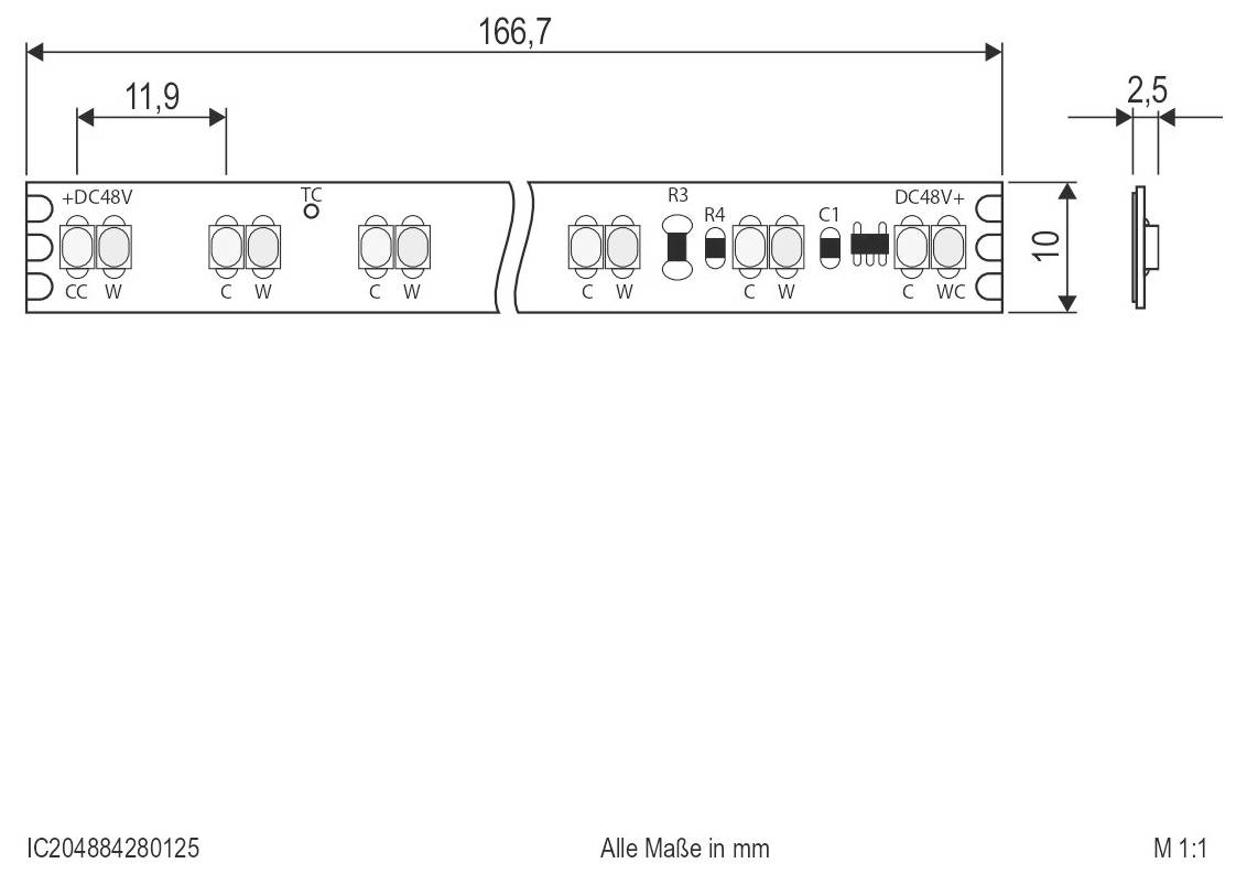Technická kresba rozložení DPS/LED pásku s rozměry označenými v mm, zobrazující umístění komponent a značky polarity (+DC48V, C, W, WC).