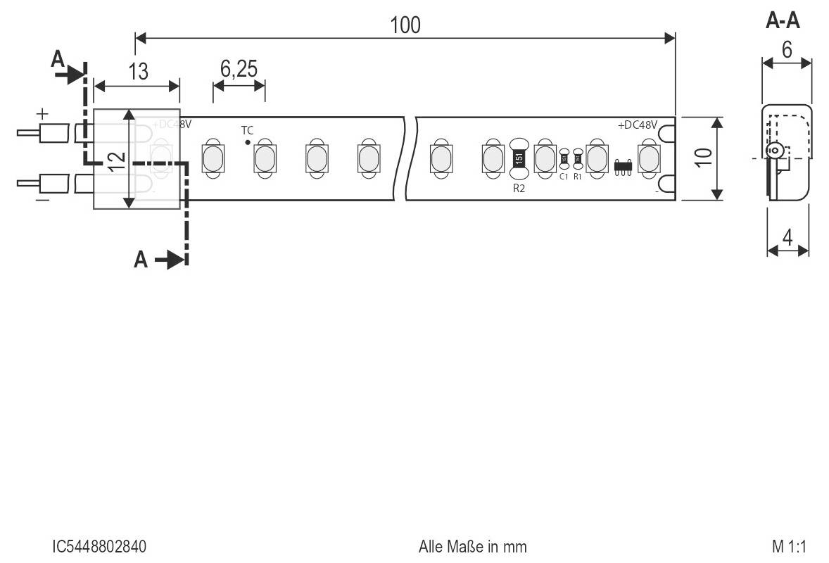 Technický výkres elektronického modulu LED pásku s konektory a řezem A-A, který uvádí rozměry v mm.