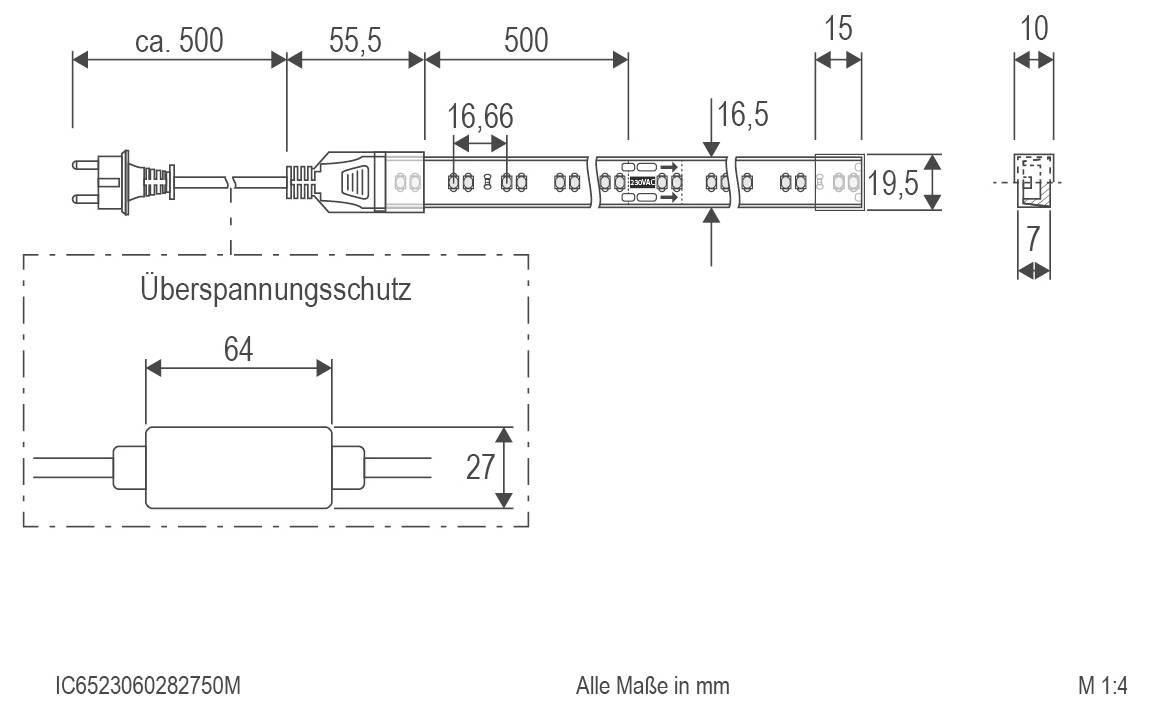 Technický výkres montáže silového kabelu se zabudovaným modulem "Přepěťové ochrany", zobrazující rozměry v mm a měřítko 1:4.