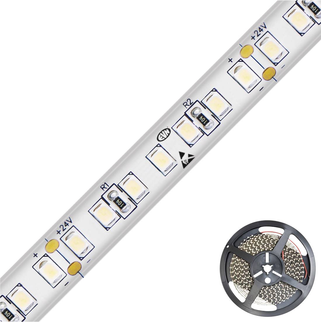 Role páskového LED osvětlení s viditelným obvodem a cívkou páskového osvětlení na straně.