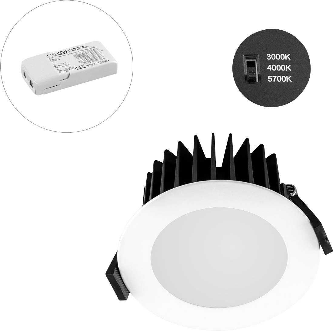 Kulaté LED vestavné svítidlo s externím napájecím zdrojem a přepínačem barevné teploty 3000K, 4000K, 5700K.