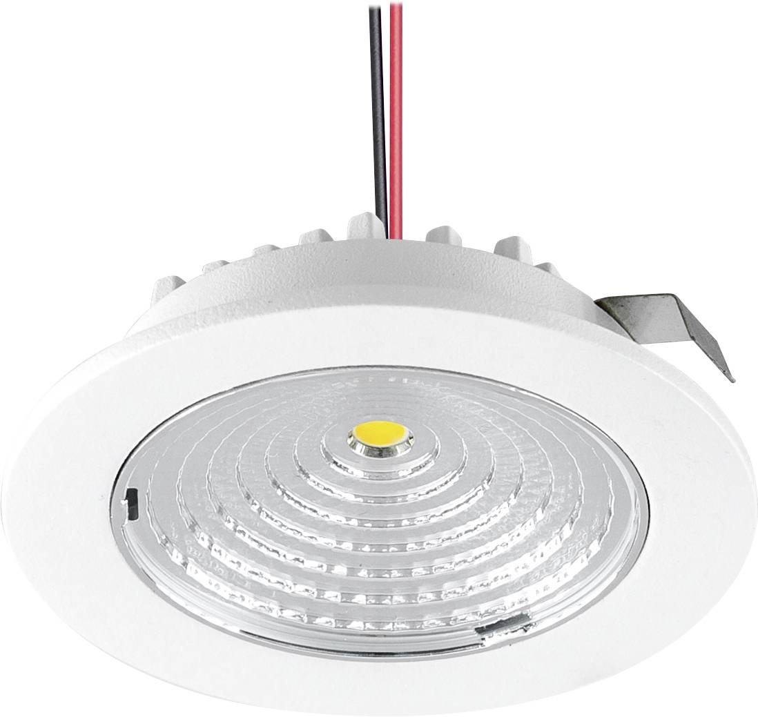 Zapuštěné kulaté LED svítidlo do stropu s bílou obrubou, exponovanými červenými a černými vodiči a pružinovými svorkami pro instalaci do stropu.