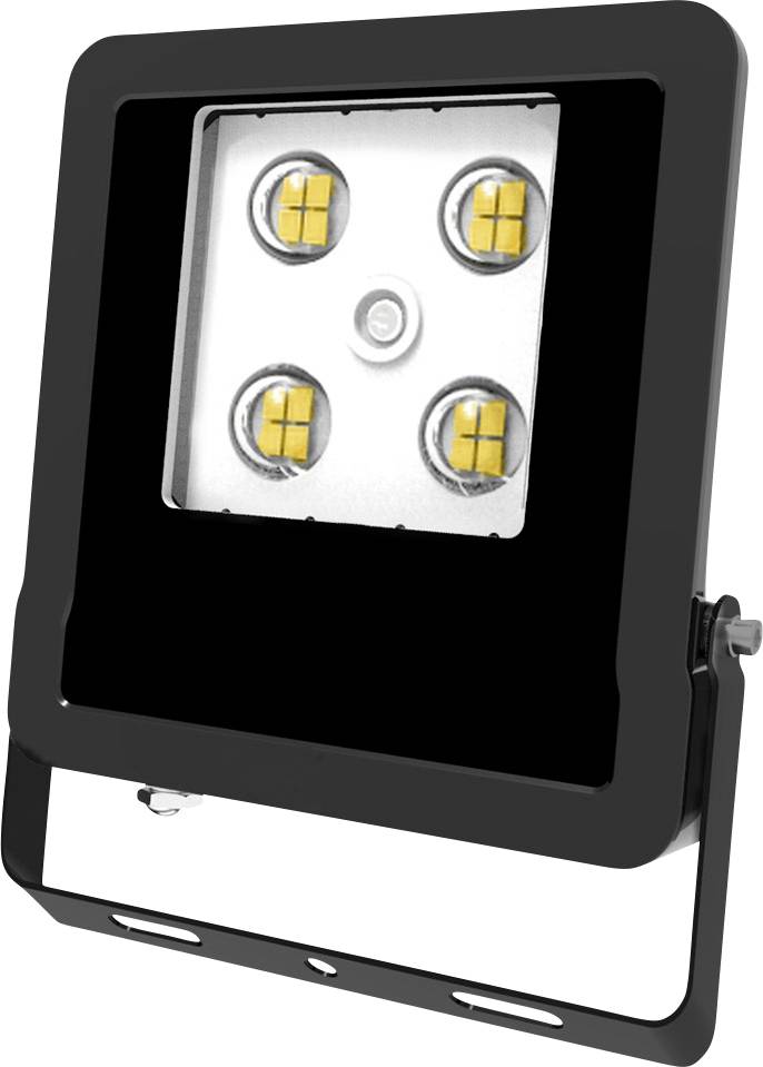 Černý venkovní LED reflektor se čtyřmi viditelnými LED moduly v nakloněné obdélníkové skříni a montážním držákem