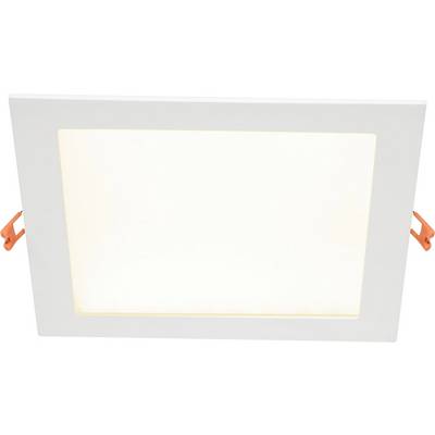 Čtvercové LED podhledové svítidlo s bílým rámečkem a dvěma oranžovými upevňovacími sponkami po stranách.