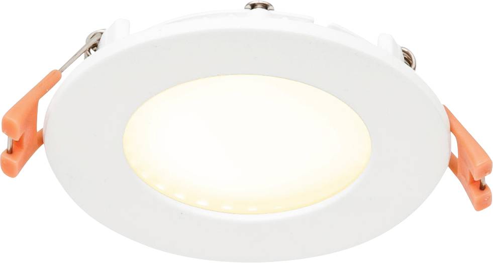 Kulaté LED podhledové svítidlo s bílým rámečkem a teplým bílým světlem, vhodné pro moderní osvětlení interiéru.