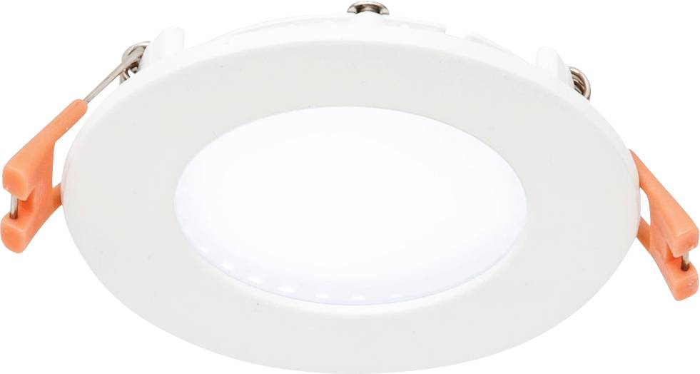 Bílé vestavné stropní LED svítidlo s kulatým rámečkem a dvěma oranžovými upevňovacími sponkami.