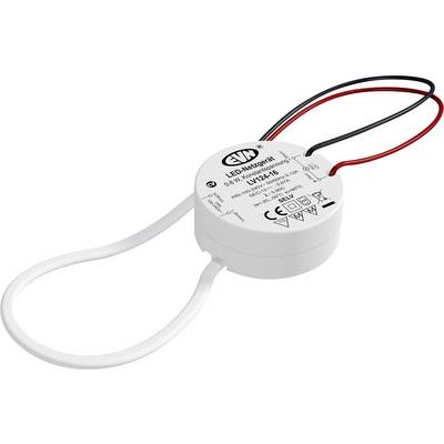 Bílý kulatý modul LED ovladače s červeným a černým napájecím kabelem a bílým kabelem, znázorněný na neutrálním pozadí.