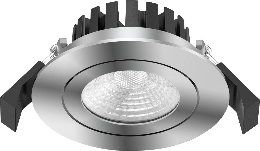 Kulatá vestavná LED svítidla s stříbrným čelustenem, černým chladičem a nastavitelnými bočními spínáči pro instalaci do stropu.