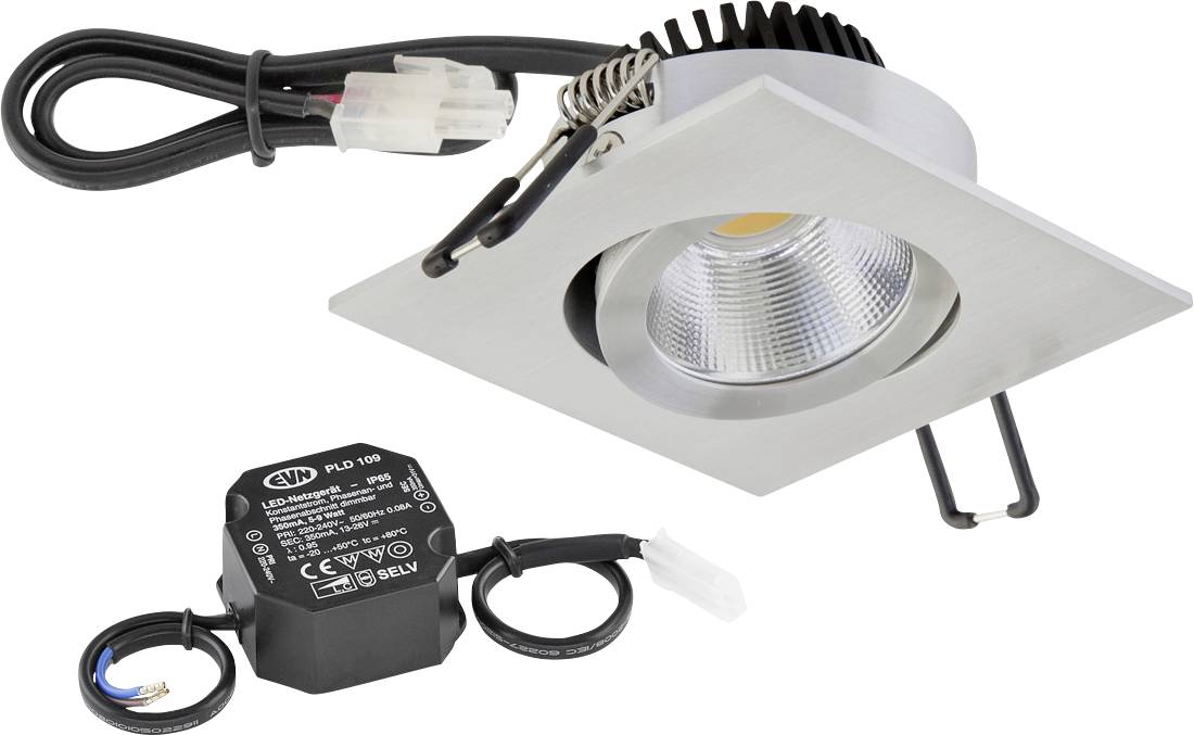 Čtvercové zapuštěné LED svítidlo s ovladačem a elektroinstalací, zobrazeno s pružinami pro instalaci do stropu.