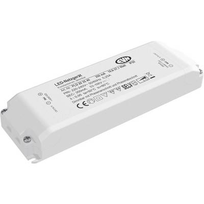 Jednotka napájení bílého LED s vytištěnými specifikacemi a certifikačními symboly, zobrazená v úhlovém pohledu na produktu na neutrálním pozadí.