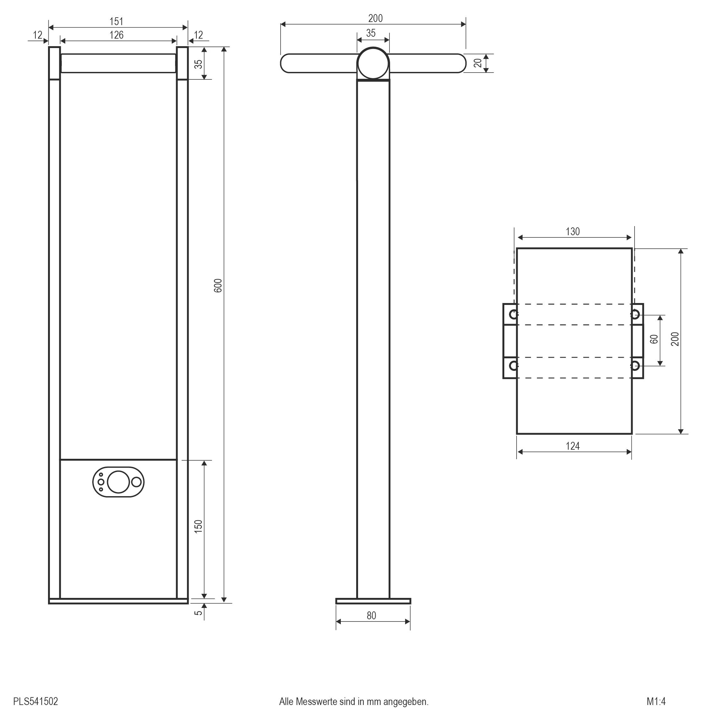 Technický výkres T-shaped stojanu nebo sloupu s čelním pohledem, bočním pohledem a montážními pohledy, označený v milimetrech.