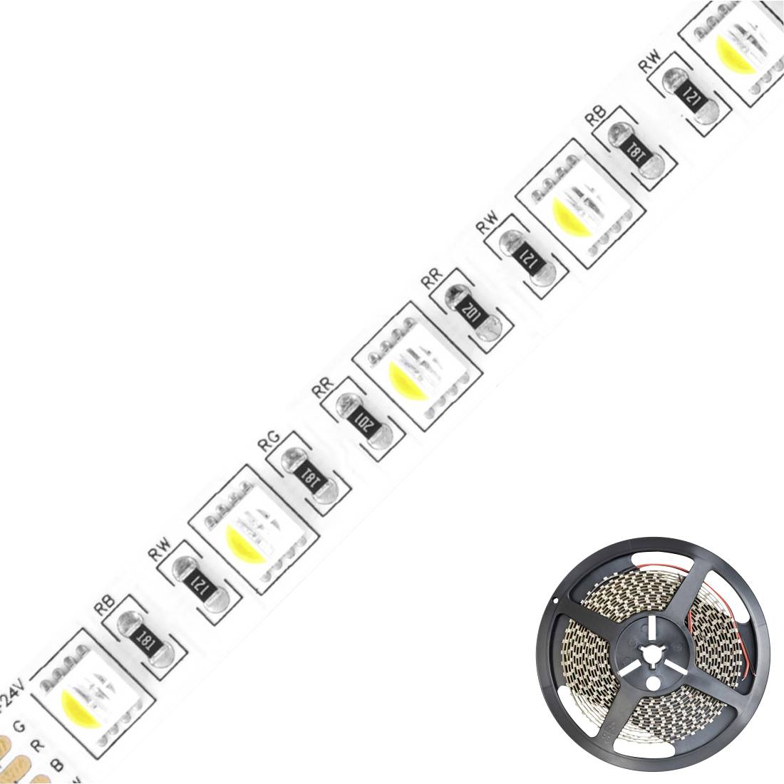Diagonální pruh zobrazující označené zapojení LED regulátoru a cívka vícebarevného LED světelného pásu.
