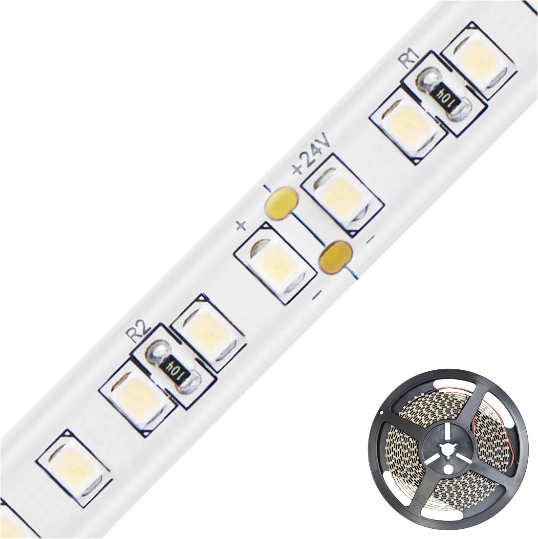 Bílý LED pásek na cívce, zobrazený detailně se značkami obvodu a popisky +24V.
