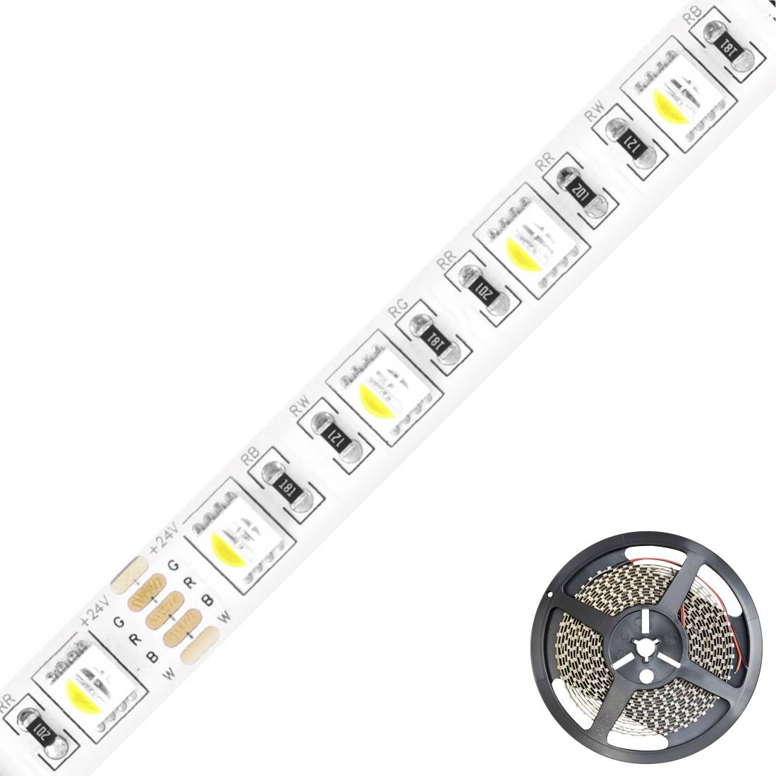 Bílý LED pás 24V se zapuštěnými LED diodami a rezistory, zobrazený diagonálně, plus cívka flexibilního světelného pásu v pravém dolním rohu.