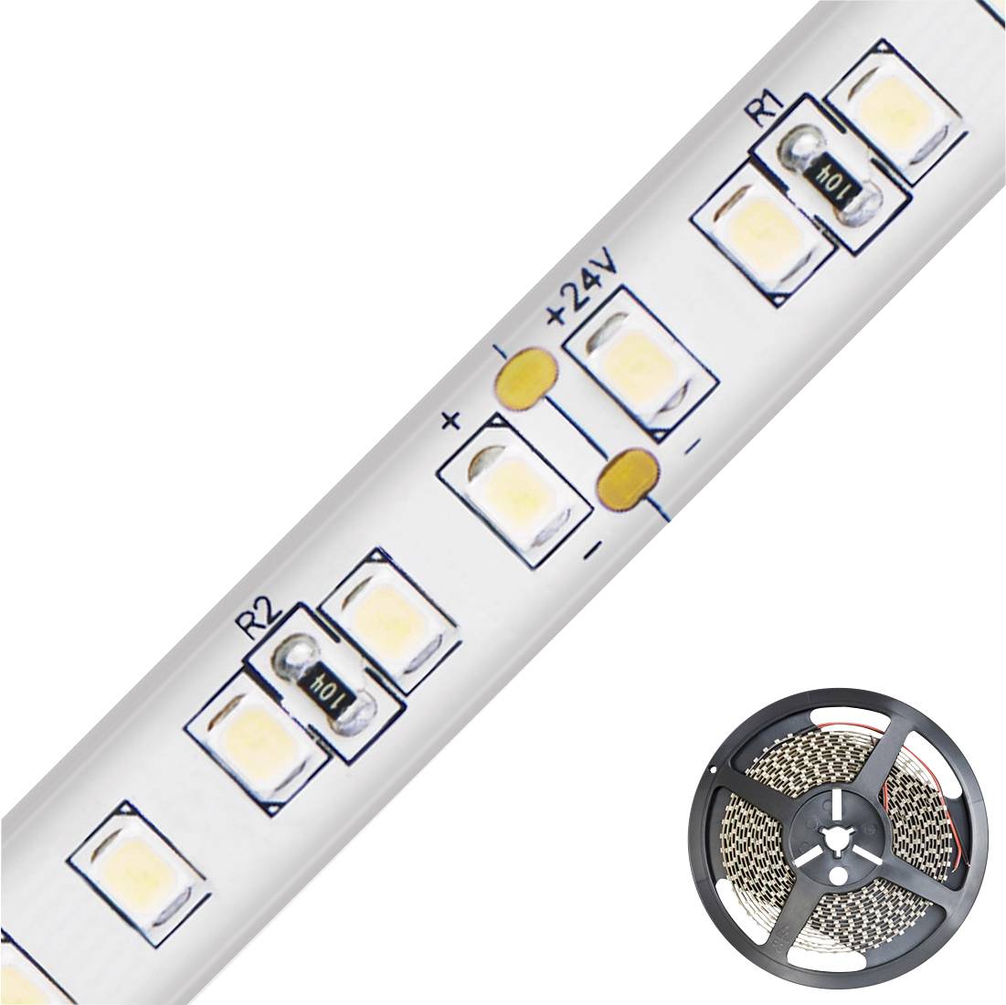 Páska LED osvětlení s bílými povrchově montovanými diodami a označenými svorkami +24V, zobrazená vedle cívky pásky.