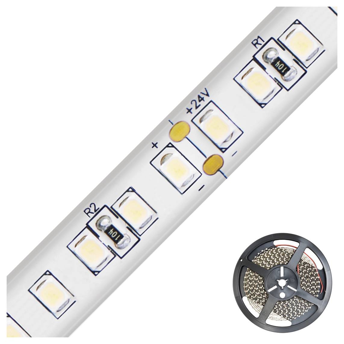 Bílý LED pásový reflektor se značkami pro střih a štítky 24V, zobrazený diagonálně s malou cívkou LED v rohu.