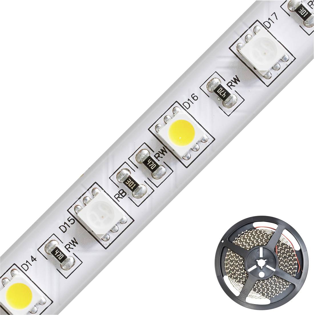 LED pásek s osvětlujícími se čtvercovými a kruhovými čipy. V dolní části svinutý LED pruh.