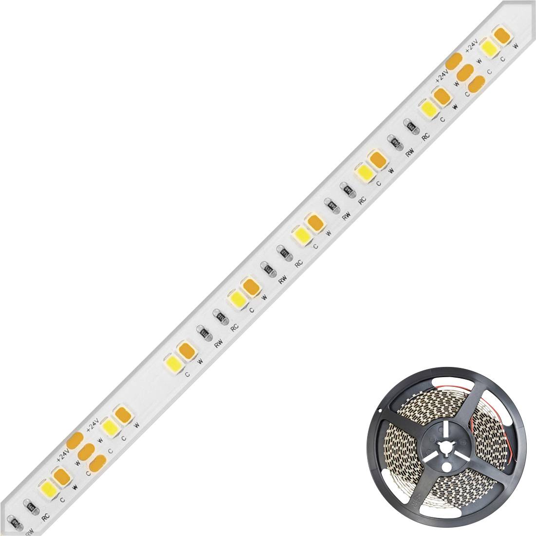 LED páska se lepící podložkou zobrazená diagonálně, plus cívka shodné pásky v dolním pravém rohu.