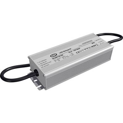 Stříbrný kovový LED driver zdroj napájení s připojenými černými kabely a montážními záložkami, označený na výkon 100W.
