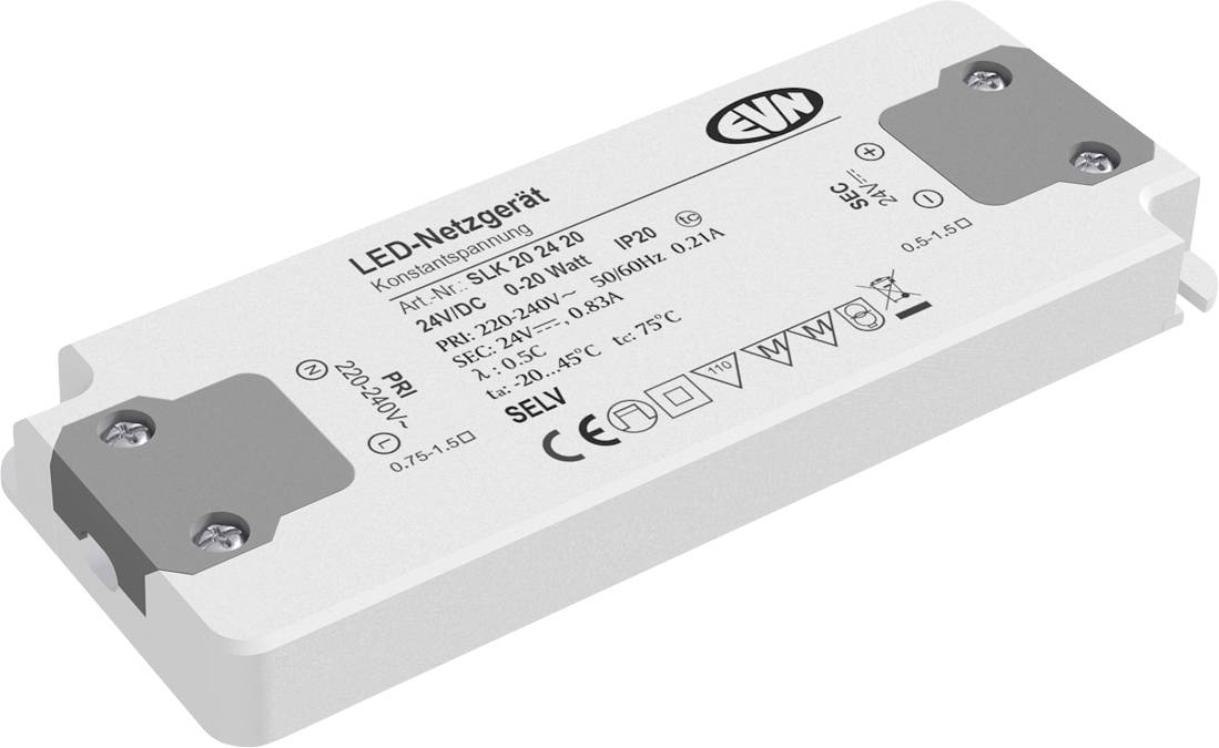 Bílá jednotka napájecího zdroje LED označená „LED-Netzgerät" s montážními šrouby a technickými specifikacemi vytištěnými na skříni.