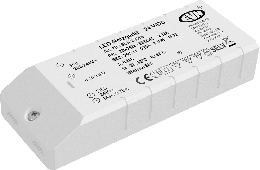 Bílý zdroj napájení LED s označením "LED-Netzgerät 24 VDC" a vytištěnými elektrickými specifikacemi na obdélníkovém pouzdře.