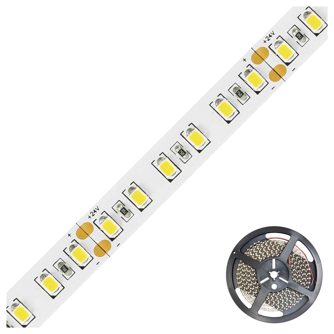 Cívka s páskem LED světel a detail pásku zobrazující povrchově instalované LED diody a označení 24V.