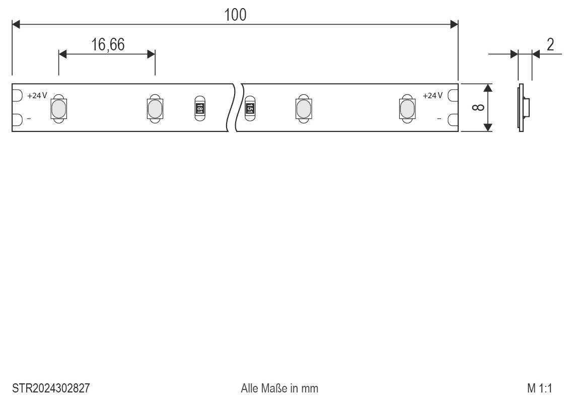 Technický výkres segmentovaného LED pásku, který ukazuje délku 100 mm, šířku 8 mm, tloušťku 2 mm a rozteč LED diod 16,66 mm, označený +24V a "Všechny rozměry v mm".