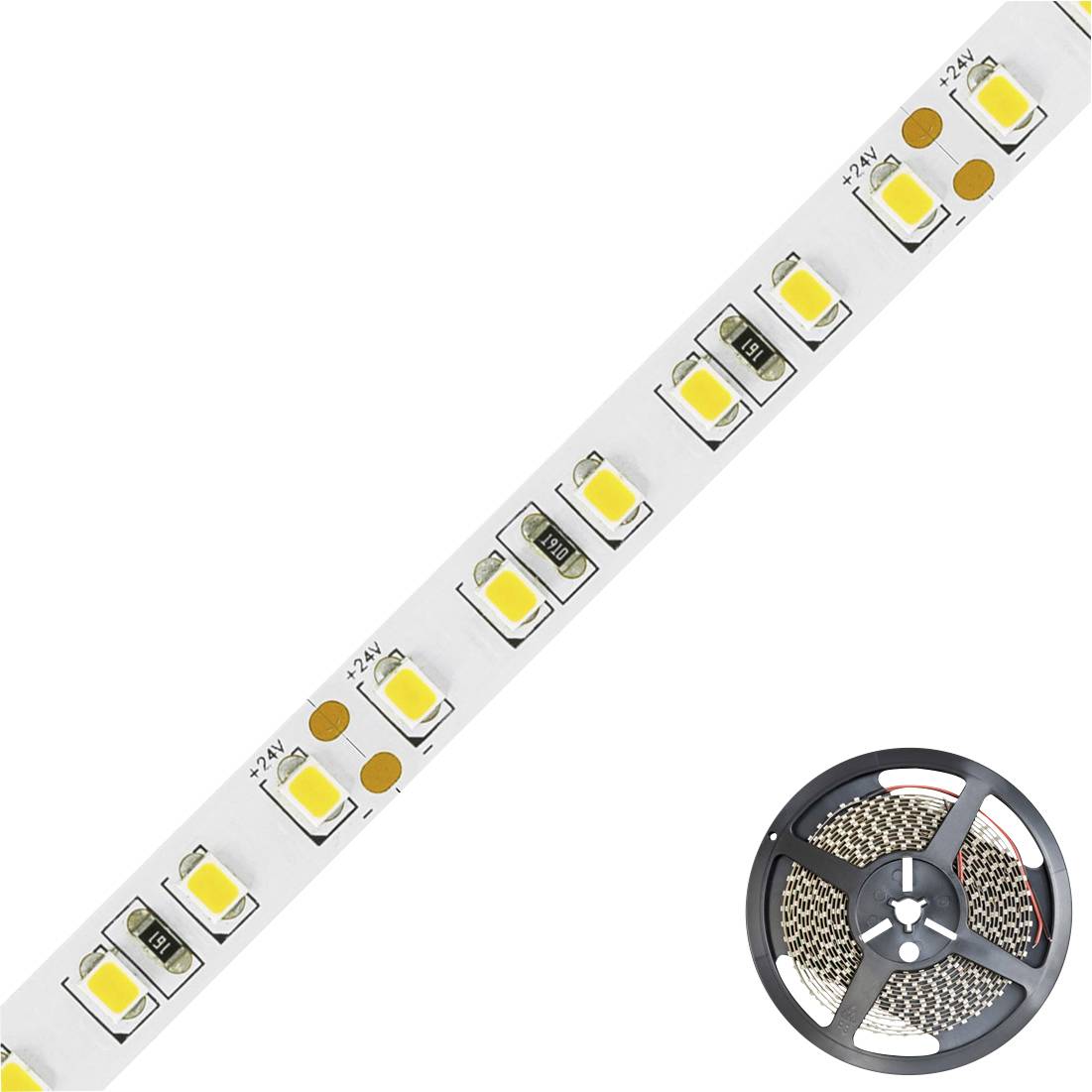 LED pásek se žlutými diodami, navinutý na cívce. Ideální pro energeticky úsporné osvětlení v interiérech.